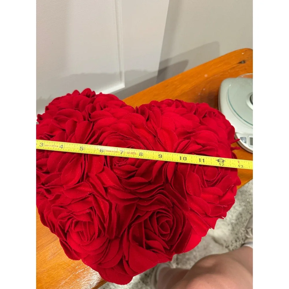 Red Rose Heart Shaped Decorative Pillow 3D Floral Rosette Accent Cushion